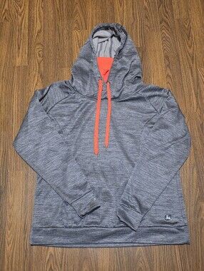 John Deere Womens L Grey Pink Cowl Neck Athletic Fleece Hoodie Sweatshirt C44
